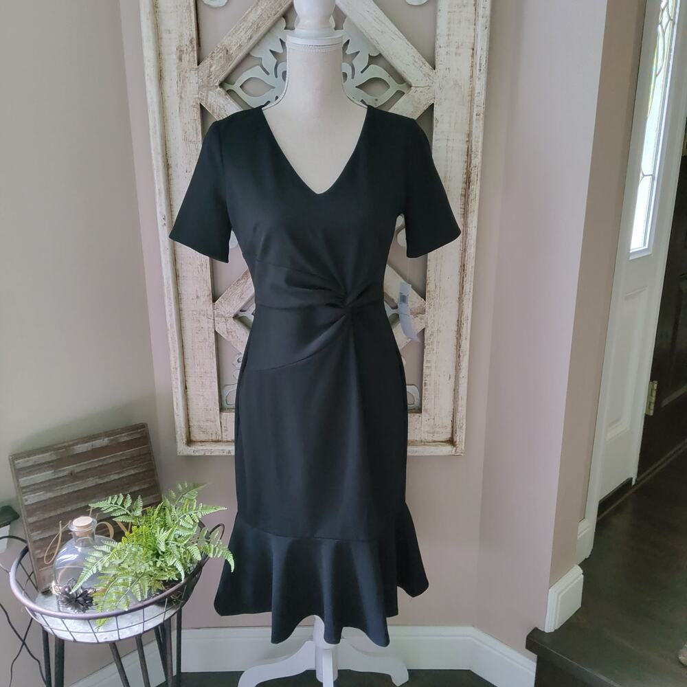 London Times Whimsigoth Goth Black Twist Front Flounce Ruffle Midi Dress 4P
